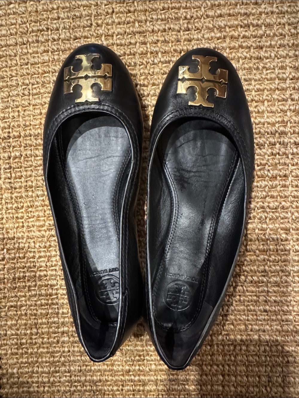 Tory Burch Black Leather Flats with Gold Logo Emblem